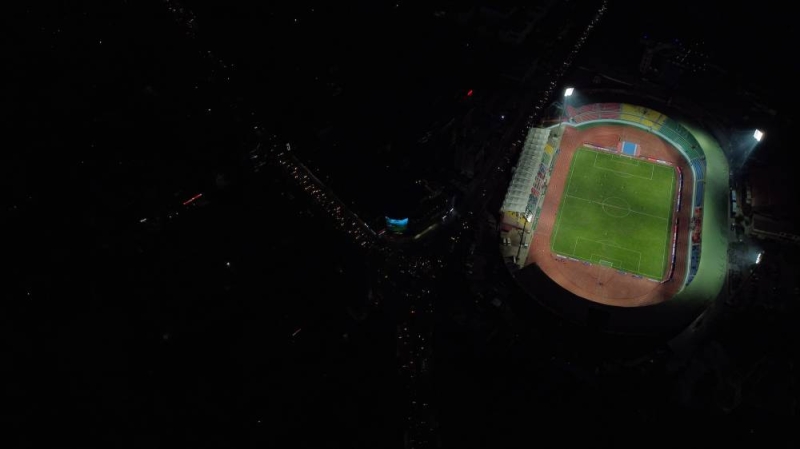 An aerial shot of Dasharath Stadium during the opening game between Bangladesh and Kyrgyzstan (U-23) competing for the Three Nations Cup 2021 tournament, in Kathmandu, on Tuesday, March 23, 2021. Photo: Skanda Gautam/THT