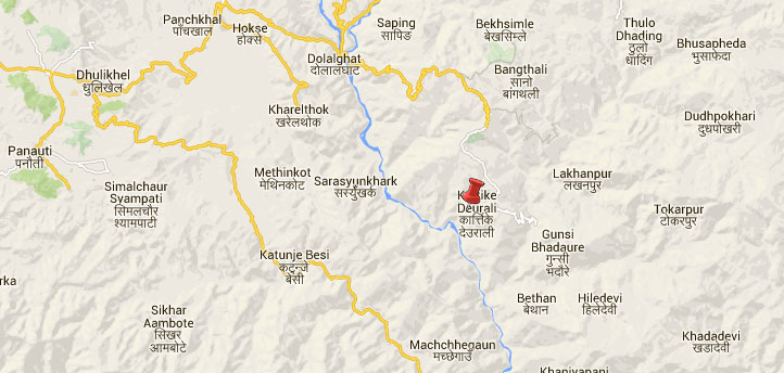 The epicentre was close to Kattike Deurali, southeast of the district headquarters Dhulikhel. Map: Google/NSCnn