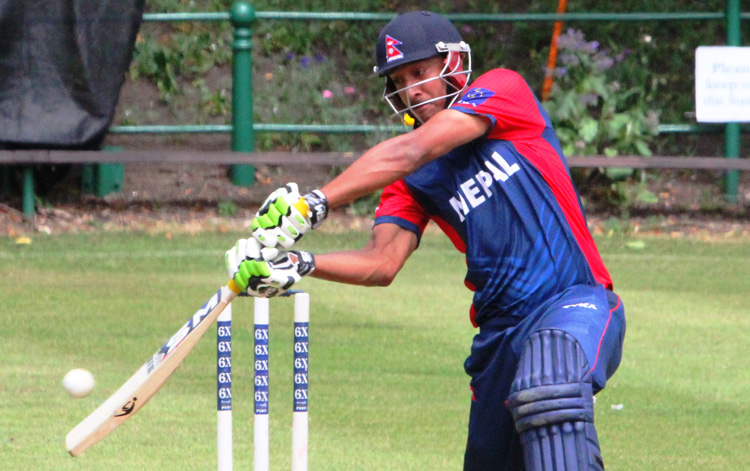 Nepal skipper Paras Khadka plays a shot against Gloucestershire XI during their practice match at the Bath Cricket Club grounds in Somerset on Monday. Photo: THT