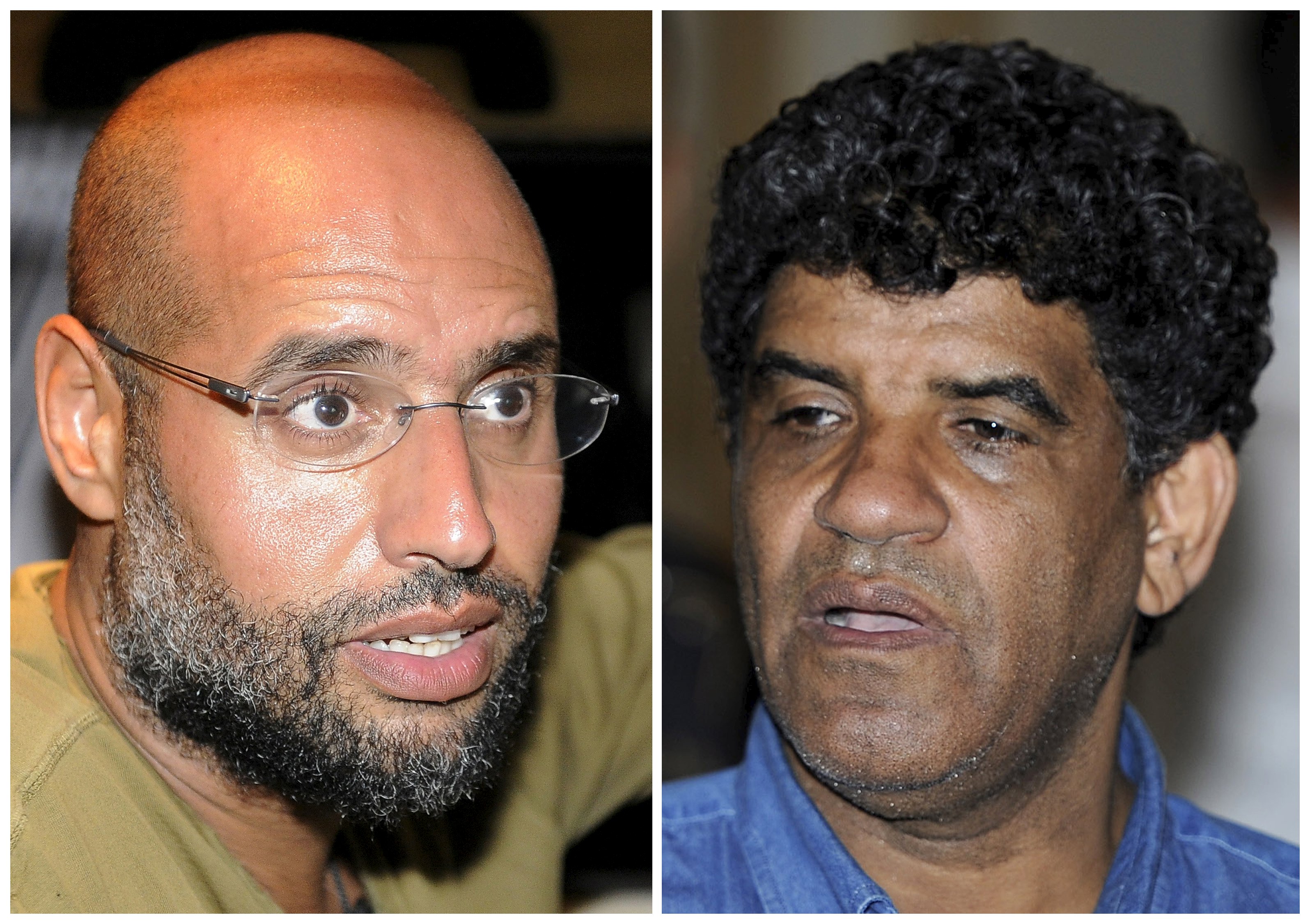 A combination photograph shows Saif Al-Islam (left), son of Libyan leader Muammar Gaddafi, talking to reporters in Tripoli in an August 23 and Abdullah Al-Senussi, then head of the Libyan Intelligence Service speaking to the media in Tripoli in this August 21, 2011. Photo: Reuters