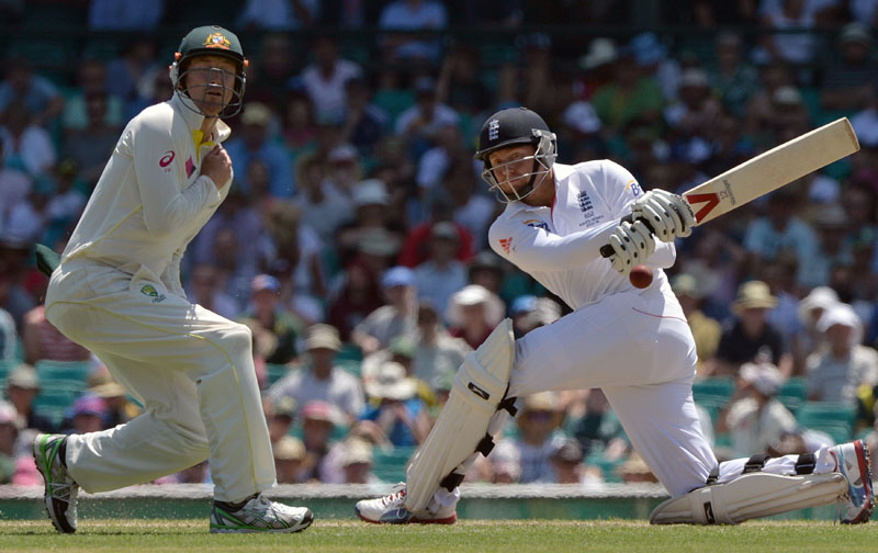 (Files) In this file picture taken on January 4, 2014, England's batsman Jonny Bairstow (R) plays a shot as George Bailey of Australia tries to avoid a being hit on the second day of the fifth Ashes cricket Test at the Sydney Cricket Ground. Jonny Bairstow has replaced Yorkshire team-mate Gary Ballance in a 13-man England squad announced Tuesday for the third Ashes Test at Edgbaston starting on July 29. AFP PHOTO / SAEED KHANnnnnIMAGE RESTRICTED TO EDITORIAL USE - STRICTLY NO COMMERCIAL USE