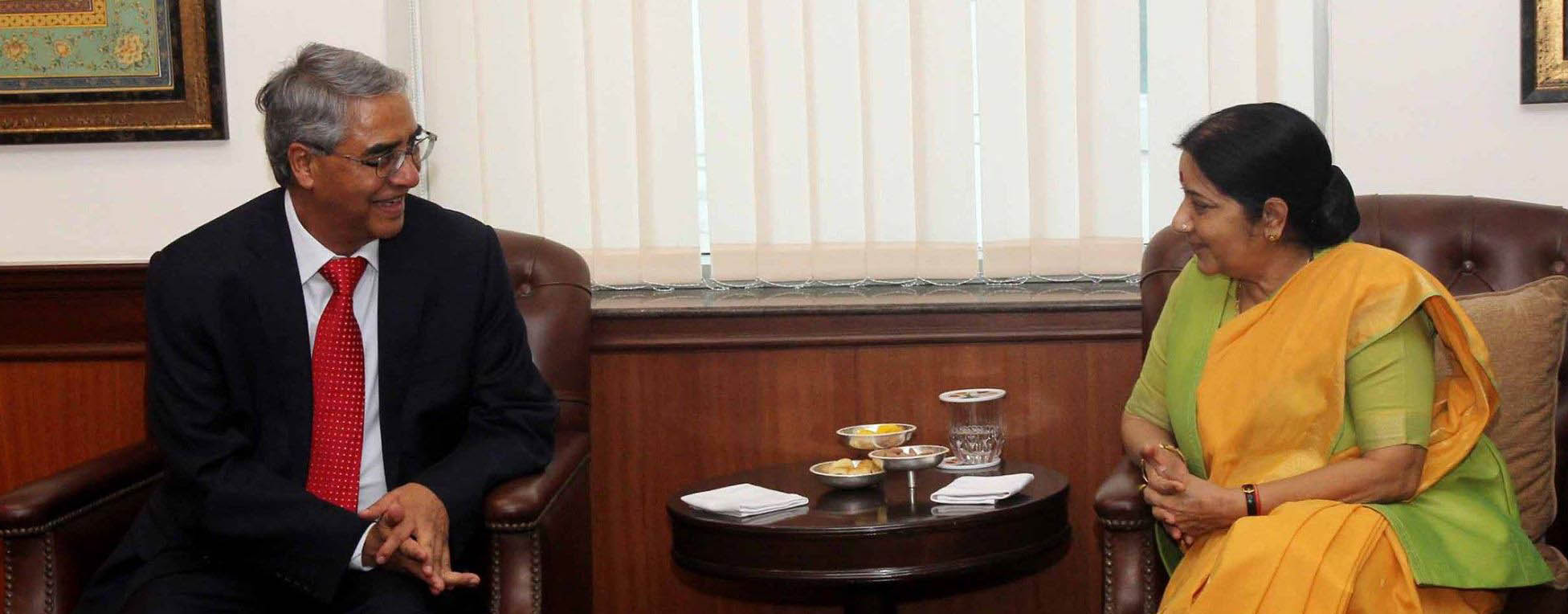 Nepal's former Prime Minister Sher Bahadur Deuba with External Affairs Minister of India Sushma Swaraj.