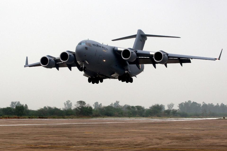 An Indian Air Force Boeing C-17 Globemaster III airlifter makes its final approach for landing at Air Force Station Hindan on June 18, 2013n