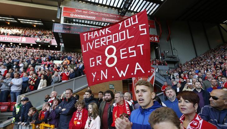 File- Liverpool fans hold up a banner for Steven Gerrard after his final game at Anfield. Photo: Reuters