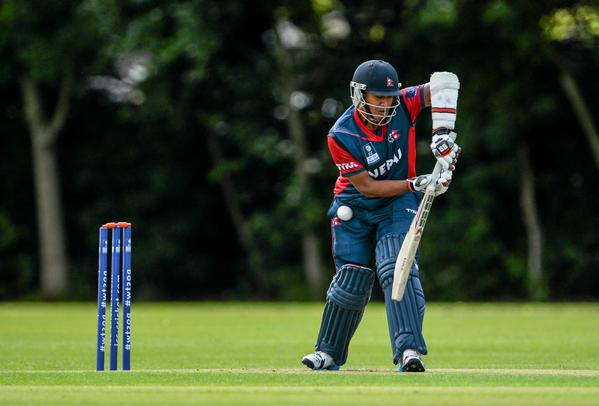 Nepal's Vice Captain Gyanendra Malla batting against the UAE in Stormont, Belfast. Photo: ICC
