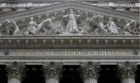 FILE - This Thursday, Oct. 2, 2014, file photo, shows the facade of the New York Stock Exchange. European stocks were little changed and Treasury prices rose Thursday, July 2, 2015, following a solid U.S. jobs report for June. AP