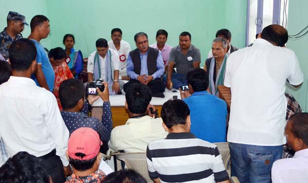 Unified CPN-Maoist Chairman Pushpa Kamal Dahal speaking at a programme, in Birgunj, on Saturday.  Photo: THT