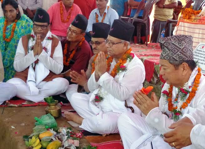 CPN-UML senior leader Madhav Kumar Nepal (second from right) laying foundation stone for a community building in Ganga Pipara of Rautahat on Wednesday, July 8, 2015. Photo: Prabhat Kumar Jha