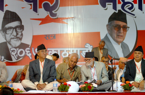 Nepali Congress central leaders taking part in the closed session of partyu2019s 12th National General Convention at Bhrikutimandap in Kathmandu on Saturday, September 18, 2010. Photo: THT Online/File n