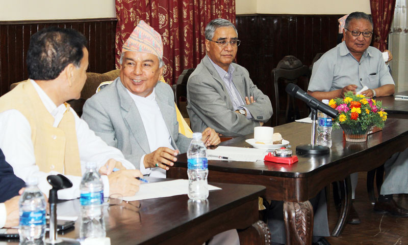 (From left), NC General-Secretary Krishna Prasad Sitaula, Vice-President Ram Chandra Paudel, senior leader Sher Bahadur Deuba and leader Gopal Man Shrestha, at a meeting of the parliamentary party, in Baluwatar of Kathmandu, on Friday, Jun 3, 2005. Photo: RSS 