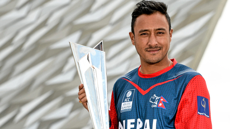 Nepal skipper Paras Khadka poses with the trophy in Belfast, Ireland on Wednesday, on the eve of the ICC World T20 Qualifiers. Photo: ICC