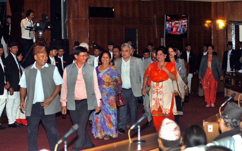 Constituent Assembly members of Madhesi parties walking out of the CA, after Constitution Drafting Committee Chairman Krishna Prasad Sitaula tabled the final draft of the constitution, on Sunday. Photo: THT
