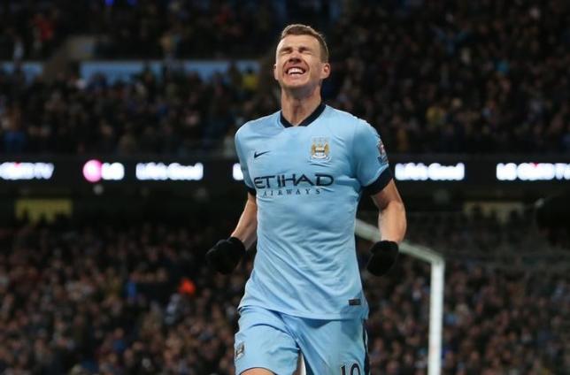 Football - Manchester City v Newcastle United - Barclays Premier League - Etihad Stadium - 21/2/15. Edin Dzeko celebrates after scoring the third goal for Manchester City. Action Images via REUTERS/Carl Recine/Livepic