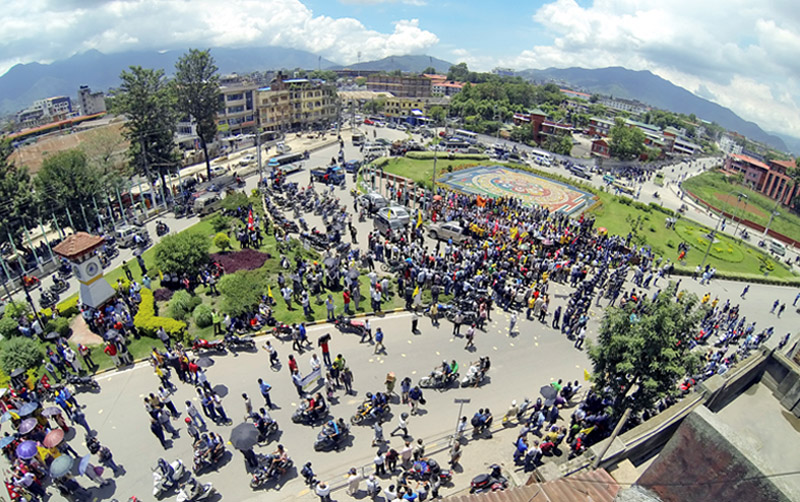 Various Hindu communities and supporters gathers at Maitighar Mandala, Kathmandu on Monday as a part of their protest and demands to declare Nepal as a Hindu State in the New Constitution. Photo: RSS