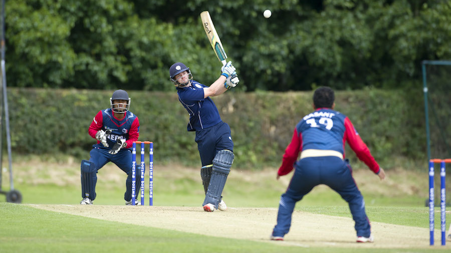 Scotlandu2019s Matthew Cross plays a shot against Nepal during their second match of the ICC World Cricket League Championship at the Cambusdoon New Grounds in Ayr on Saturday. Photo: crickinfo