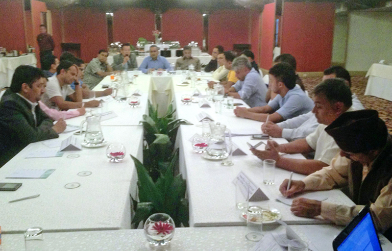 Participants of a joint meeting of Nepal Media Society and Television Broadcasters Nepal discussing formation of Media Society Nepal, in Kathmandu, on Monday. Photo: THT