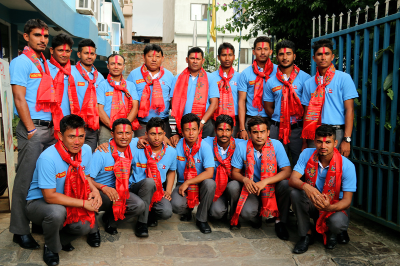 Nepal U-19 cricketers and officials pose for a group photo after the farewell ceremony in Kathmandu on Tuesday. Photo: THT