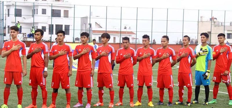 Nepal football players singing national anthem before the semi-final match against Afghanistan at ANFA Complex in Satdobato on Thursday, August 27, 2015. Photo Courtesy: GoalNepal.com