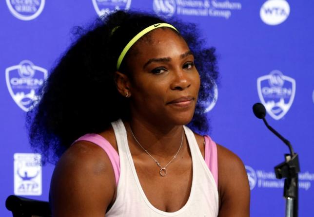 Aug 20, 2015; Cincinnati, OH, USA; Serena Williams (USA) answers questions from the media after defeating Karin Knapp (not pictured) on day six during the Western and Southern Open tennis tournament at Linder Family Tennis Center. Mandatory Credit: Aaron Doster-USA TODAY Sports