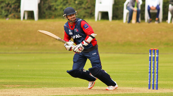 Nepal's Sharad Vesawkar plays a shot against Scotland during their second ICC World Cricket League Championship match at Cambusdoon New Ground in Ayr on Friday. Photo:ICC