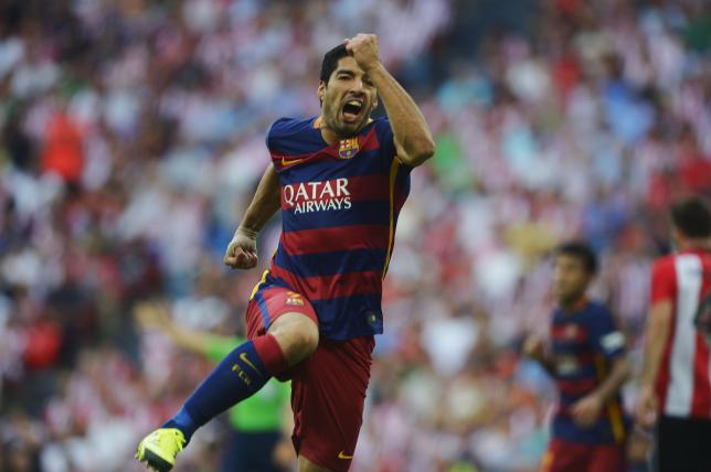 Barcelona's Luis Suarez celebrates a goal during their Spanish first division soccer match against Athletic Bilbao at San Mames stadium in Bilbao, northern Spain, August 23, 2015. Photo: Reuters