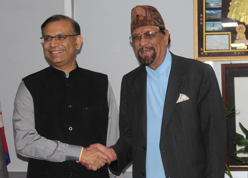 Indian State Minister for Finance Jayant Sinha (left) meets Finance Minister Ram Sharan Mahat at the Ministry of Finance in Kathmandu, on Wednesday, August 19, 2015. Photo: MoF