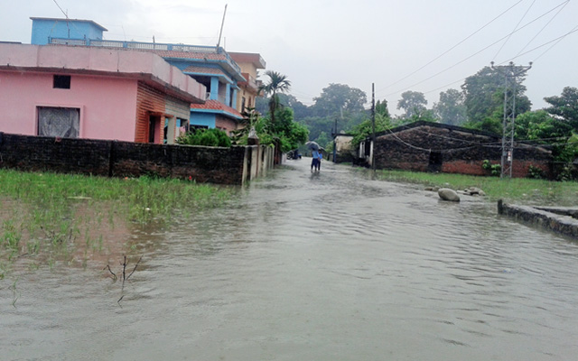 A human settlement submerged in water after the incessant rainfall, in Bishal Bazaar of Dhangadhi, on Sunday, August 02, 2015. Photo: Prakash Singh