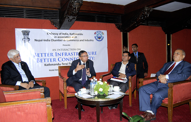Indian Ambassador Ranjit Rae addressing an interaction on Fast Track road project, in Kathmandu, on Tuesday. Photo: THT