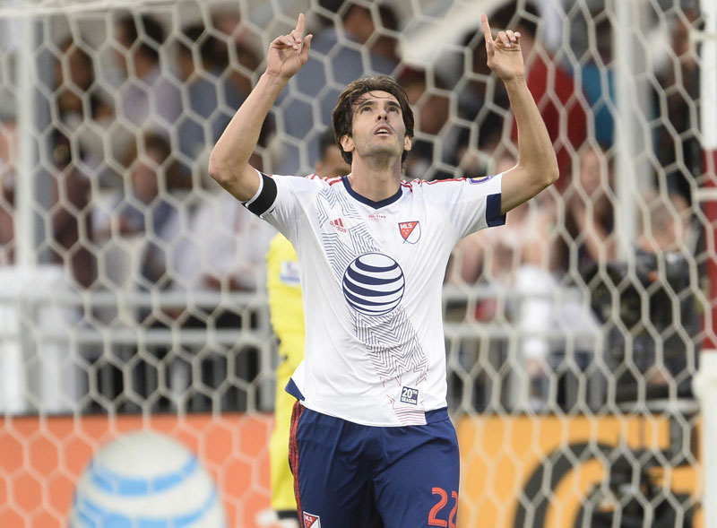 MLS All Stars midfielder Kaka (22) of Orlando City SC celebrates a goal over the Tottenham Hotspur during the first half of the 2015 MLS All Star Game at Dick's Sporting Goods Park. Photo: Reuters