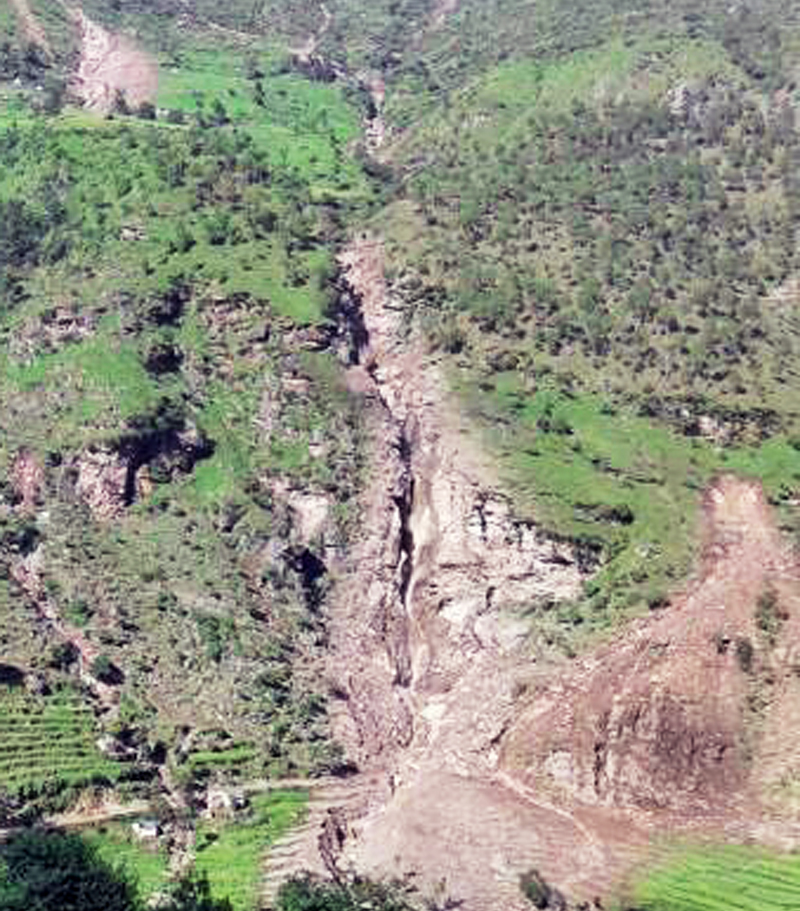 A view of the landslide that took place on Monday night at Dauda VDC, in Doti, on Thursday.  Photo:THT