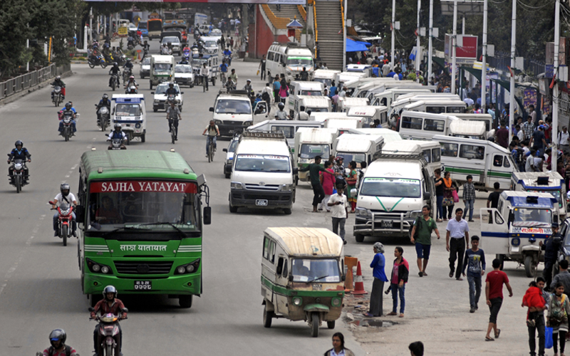 Vehicles plying on the road at Sundhara, in Kathmandu, on Sunday. The bandh called by Federation of Indigenous Nationalities had little impact on the denizens of the Valley. Photo: THT