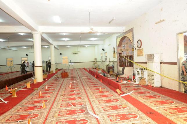 Damage inside a mosque used by members of a local security force is pictured in Abha, southwest Saudi Arabia August 6, 2015. REUTERS/Saudi Press Agency/Handout