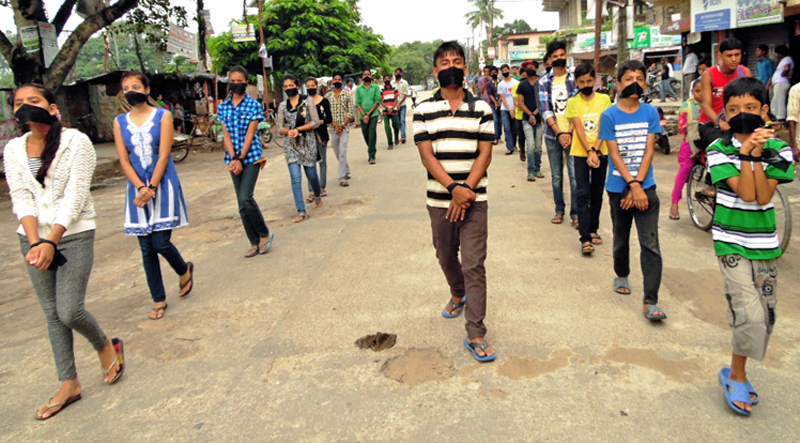 Students taking out a rally against bandh demanding resumption of teaching-learning nactivities, in Rajbiraj, Saptari, on Saturday. Photo: THT
