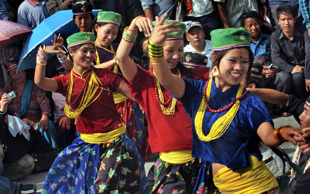 Tamang artistes performing in their traditional attire during a sit-in protest demanding Tamasaling state in the new constitution, in New Baneshwor, Kathmandu, on Sunday. Photo: Dhruba Ale/ THT