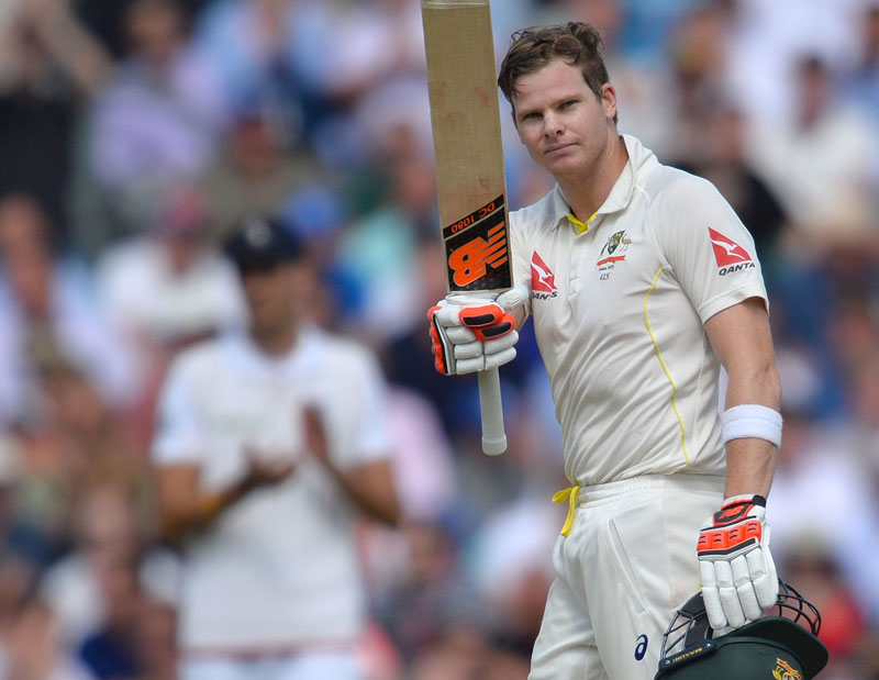 Australia's Steve Smith celebrates after reaching a century on the second day of the fifth Ashes Test match against England at The Oval in London on Friday. Photo: AFP 