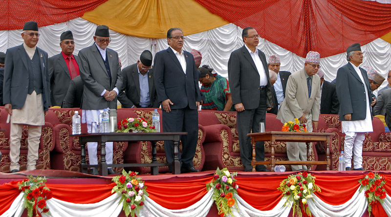 SHOW OF UNITY: Prime Minister Sushil Koirala, along with top leaders of the CPN-UML, the Unified CPN-Maoist and the Nepali Congress, participating in a mass meeting to celebrate the promulgation of the constitution, in Kathmandu, on Monday.Photo: Bal Krishna Thapa Chhetri/THT