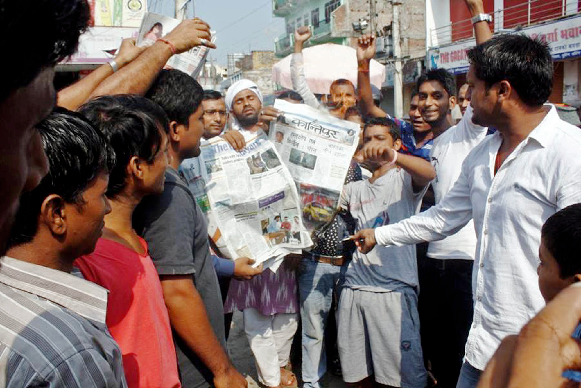 Madhesi Youth Front burning the broadsheet published from the Valley at Birgunj. Photo: Ram Sarraf