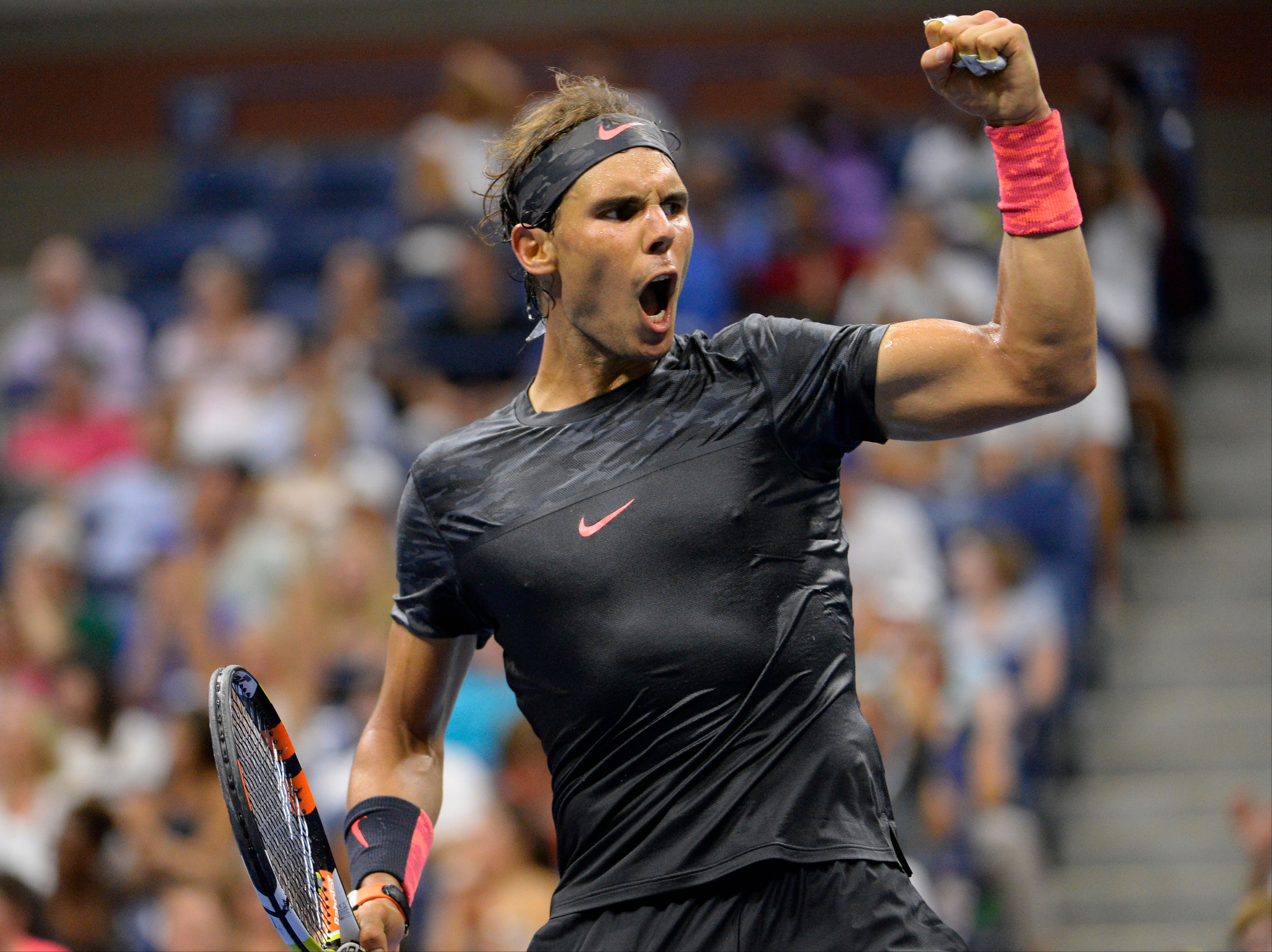 Rafael Nadal of Spain after winning a point to set up match point against  Borna Coric of Croatia on day one of the 2015 US Open tennis tournament at USTA Billie Jean King National Tennis Center. Photo: USA TODAY Sports via Reuters 