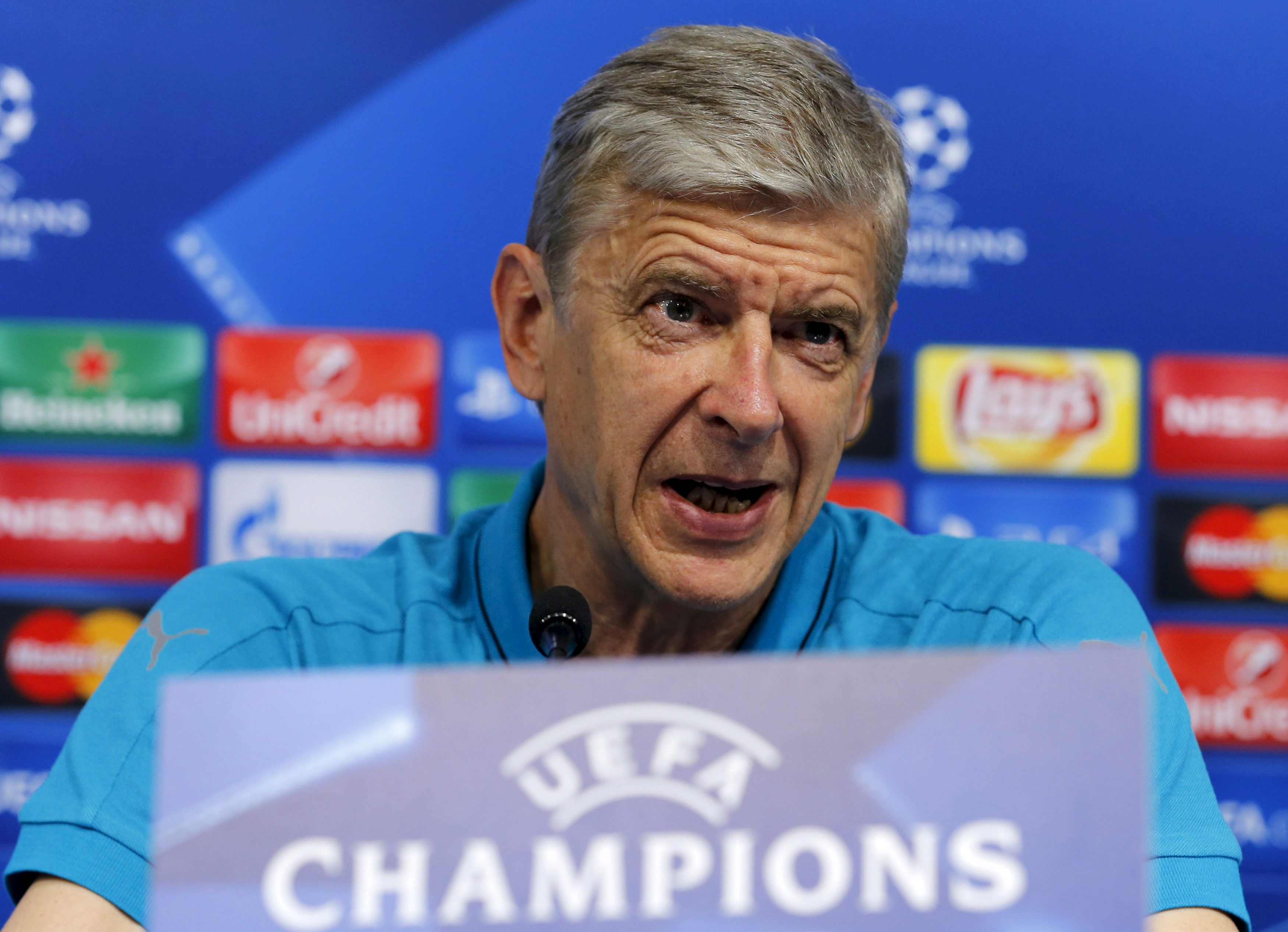 Arsenal's head coach Arsene Wenger speaks during a press conference at Maksimir stadium in Zagreb, Croatia, September 15, 2015. Arsenal will play their Champions League match against Dinamo Zagreb on Wednesday. REUTERS/Antonio Bronic
