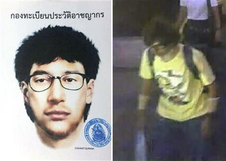 This combination of file images released by the Royal Thai Police shows a sketch and a closed circuit television image of the main suspect in a bombing that killed a number of people at the Erawan shrine in downtown Bangkok, on Monday, Aug. 17, 2015. Thailand's prime minister said Tuesday, Sept. 1, 2015, authorities have arrested a man they believe is the main suspect in a bombing at a shrine in central Bangkok two weeks ago that killed 20 people. Photo: AP