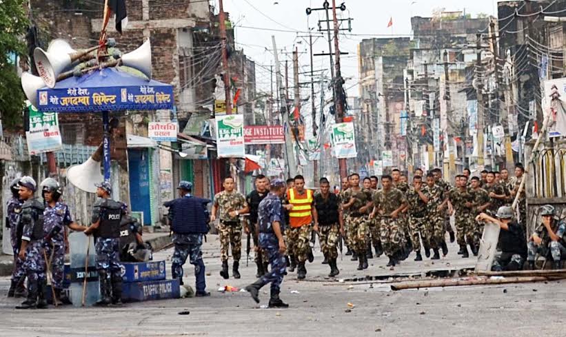 Nepal Army personnel were mobilised after the declaration of riot-hit zone. Photo: Ram Sarraf