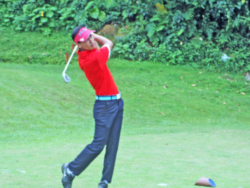 Arun Tamang plays a shot during the opening day of the Faldo Series Nepal Championship at the Gokarna Golf Club in Kathmandu on Monday. Photo: THT