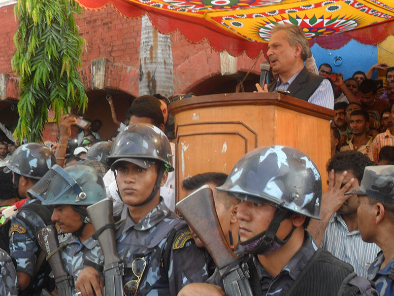Former Prime Minister Baburam Bhattarai addressing a mass assembly at Gopal Dharmashala in Janakpur on Tuesday, September 29, 2015. Photo: Brij Kumar Yadav