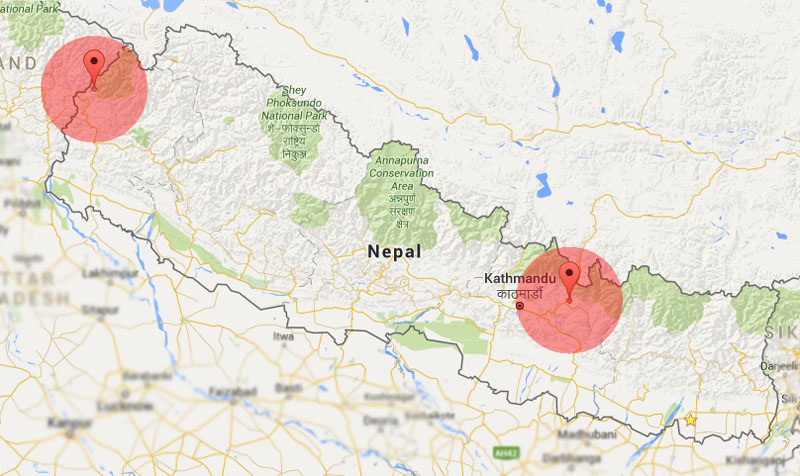 Epicentres of the tremors were in Darchula and Sindhupalchok. Photo: Google/NSC