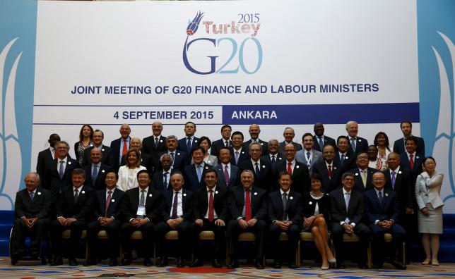 Finance and labour ministers gather for a group photo of the G20 Joint Meeting of Finance and Labour Ministers in Ankara, Turkey, September 4, 2015. REUTERS/Umit Bektas