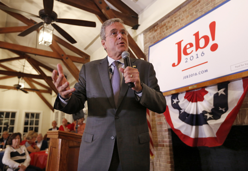 FILE - In this Sept. 24, 2015, file photo, Republican presidential candidate former Florida Gov. Jeb Bush speaks to local South Carolina republicans during the East Cooper Republican Women's Club Annual Shrimp Dinner at Alhambra Hall in Mt. Pleasant, S.C. Republican presidential candidate Jeb Bush says ending the ban on U.S. oil exports and easing restrictions on natural gas exports will unleash the nationu0092s economy. Bush is scheduled to discuss the plan at Rice Energy near Pittsburgh, Pa., Tuesday, Sept. 29. (AP Photo/Mic Smith, File)