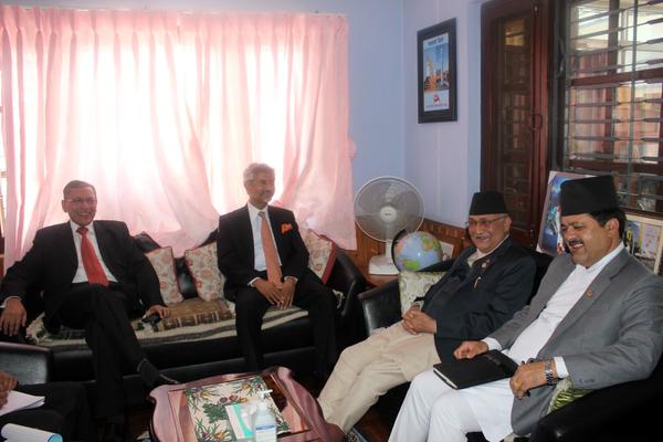 Indian Foreign Secretary S Jaishankar (Centre) holding a meeting with CPN-UML Chairman KP Sharma Oli at the latter's residence in Balkot, Bhaktapur on Friday, September 18, 2015. Photo courtesy: KP Sharma Oli's Twitter account