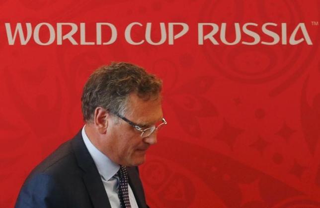 FIFA Secretary General Jerome Valcke walks away after attending a news conference in the southern city of Samara, Russia, June 10, 2015. REUTERS/Maxim Zmeyev
