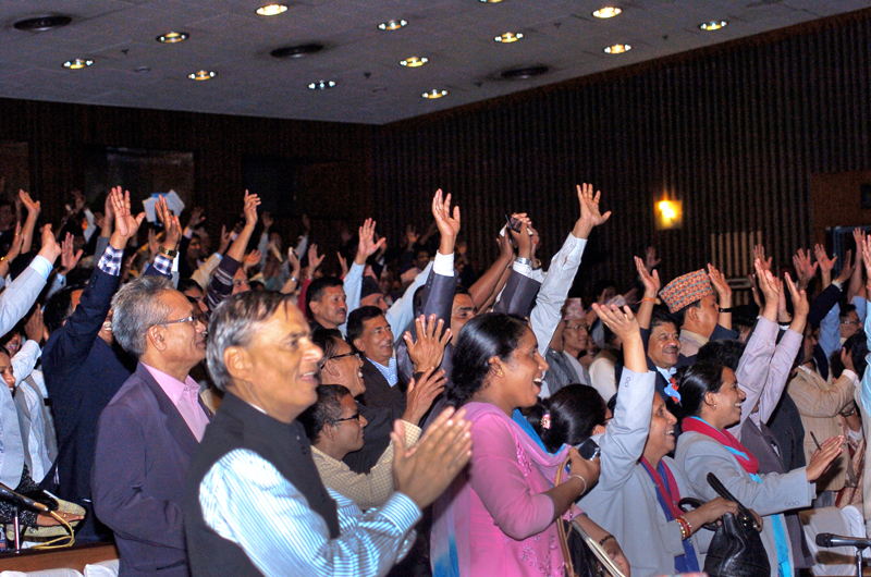 Jubilant Constituent Assembly members applauding the announcement by CA Chairman Subas Chandra Nembang (right) of endorsement of the draft constitution with more than two-third majority on Wednesday. Photo: Dhurba Ale/ THT
