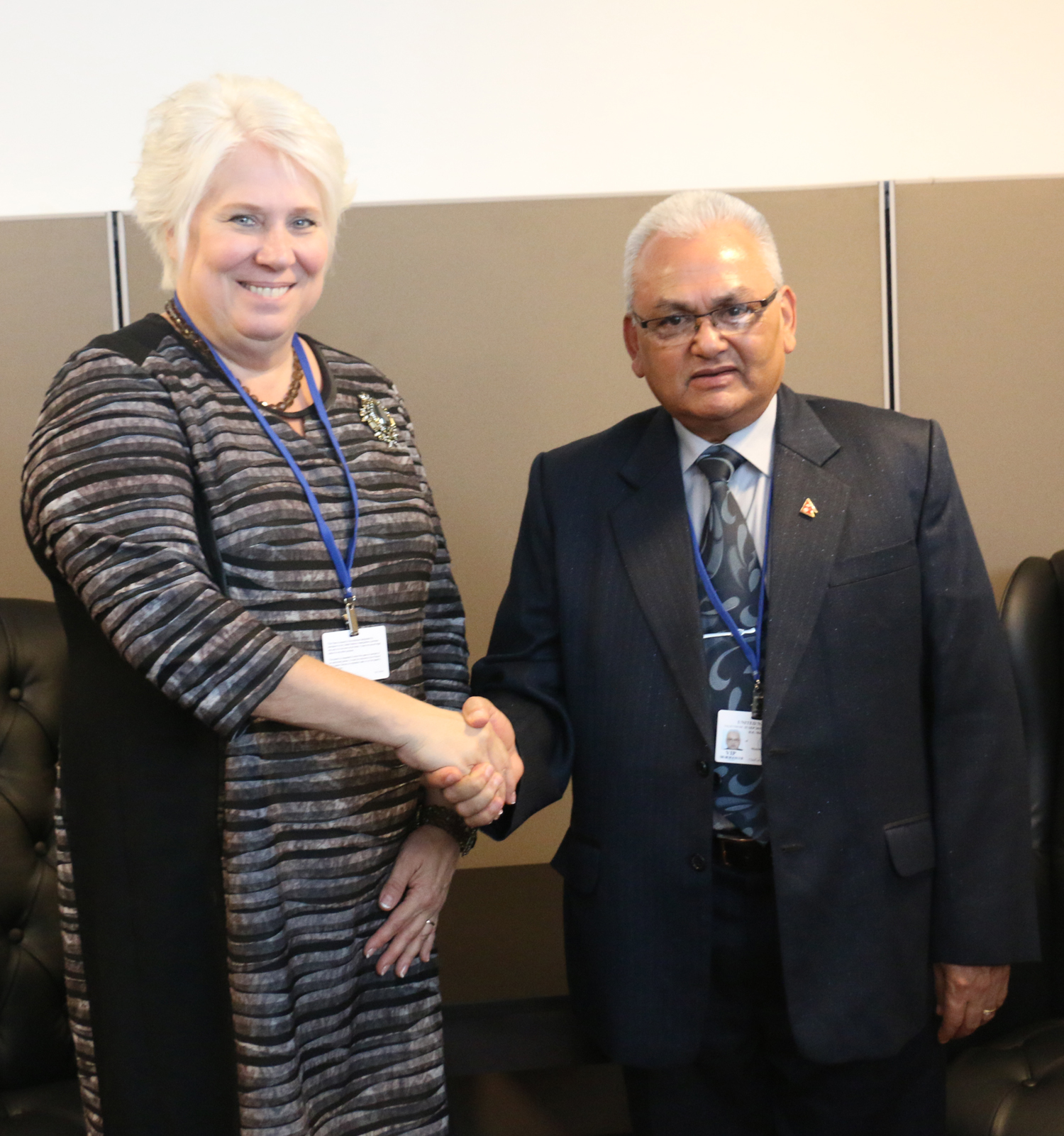 Minister for Foreign Affairs Mahendra Bahadur Pandey shake hands with his Estonian counterpart Marina Kaljurand in New York on Monday, September 28, 2015. Photo: RSS